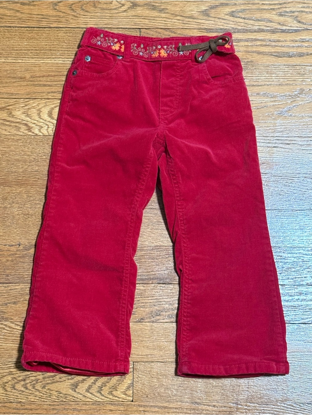 04 Holiday GAP Girls 3Y Red Corduroy Pants w/Floral Embroidered Waist w/Side Tie